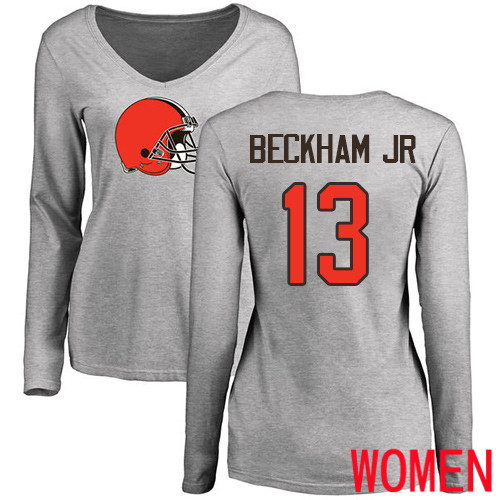 Cleveland Browns Odell Beckham Jr Women Ash Jersey #13 NFL Football Name and Number Logo Long Sleeve T Shirt